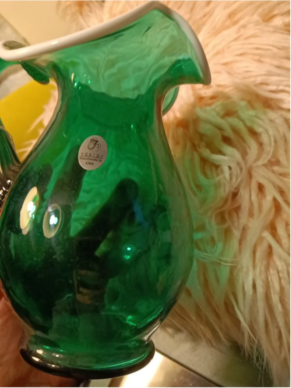 Fenton Emerald Green Snow Crest Glass Reed Handled Ruffle Pitcher handmade USA